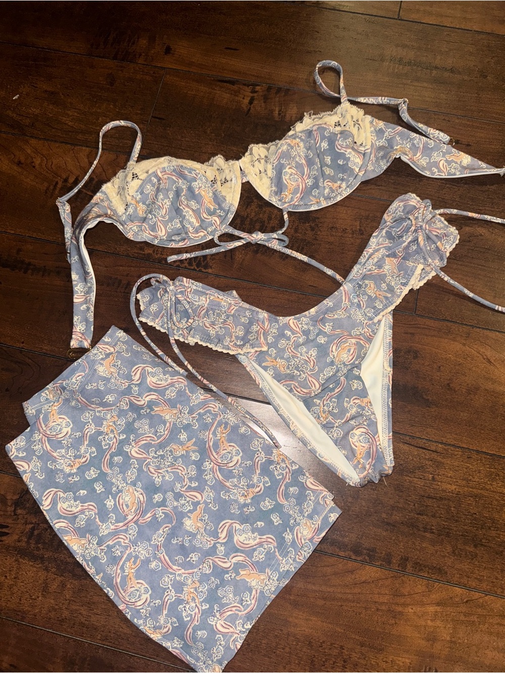 Montce Blue Paisley Lace-Trim Bra, Bikini & Skirt Set